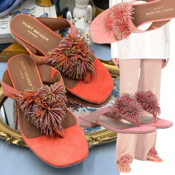 🆕 KURT GEIGER LONDON 🧿 NWOB Pom Pom T-Bar Thong Sandals, Orange - Sz 39 US 8.5 - Picture 1 of 14